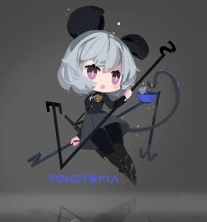  1girl absurdres alternate_costume animal_ears basket black_ears black_pantyhose black_skirt blush_stickers copyright_name dual_wielding full_body grey_hair highres holding holding_basket holding_dowsing_rod long_sleeves looking_at_another mouse_(animal) mouse_ears mouse_tail nazrin open_mouth pantyhose prehensile_tail reflective_floor simple_background skirt solo tail tohotopia touhou violet_eyes wanzilala16 