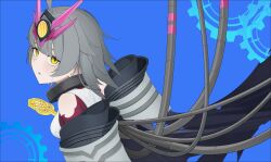  1girl absurdres cable coat_partially_removed commentary_request duel_masters duel_masters_play's from_side grey_hair headgear highres key khachi_3 leotard looking_at_viewer medium_hair open_mouth purple_leotard solo tears torn_clothes torn_leotard vest vivi_(duel_masters_play's) white_vest yellow_eyes 