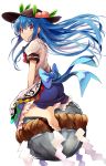  1girl barefoot blue_hair commentary_request efe floating_rock food fruit hat hinanawi_tenshi long_hair peach puffy_short_sleeves puffy_sleeves red_eyes rope sash shimenawa shirt short_sleeves sitting skirt solo touhou very_long_hair wariza wind 
