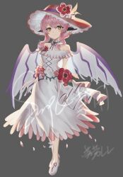  1girl absurdres alternate_costume animal_ears arms_behind_back artist_name bird_ears bird_wings brown_eyes brown_hat chinese_commentary closed_mouth commentary_request flower flower_request grey_background hat hat_flower highres l0e9s29p long_hair looking_at_viewer mystia_lorelei pink_flower pink_hair red_flower sample_watermark shoes simple_background smile solo touhou touhou_mystia's_izakaya watermark white_shoes wings 