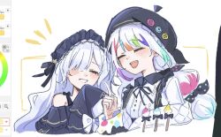  2girls :d ^_^ art_program_in_frame bare_shoulders beret black_hat black_jacket black_ribbon blue_dress blue_hairband bow closed_eyes collared_shirt colored_tips commentary_request contrast_collar dot_nose dress dress_bow frilled_dress frilled_hairband frilled_sleeves frills gothic_lolita hair_bow hair_over_one_eye hair_ribbon hairband hat highres jacket jacket_partially_removed jogasaki_noah layered_sleeves lolita_fashion lolita_hairband long_hair long_sleeves mahou_shoujo_no_majo_saiban multi-tied_hair multicolored_hair multiple_girls natsume_an-an neck_ribbon off-shoulder_dress off_shoulder one_eye_covered open_mouth paint polka_dot polka_dot_bow ribbon shirt sleeve_bow sleeves_past_fingers sleeves_past_wrists smile streaked_hair teeth tilemo0 white_background white_hair white_shirt wide_sleeves 
