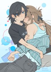  2girls absurdres bddd777 black_hair black_shirt blue_background blue_eyes blue_shirt blue_tank_top blush braid brown_hair commentary dated earrings grey_pants half_up_braid highres hug jewelry long_hair looking_at_viewer medium_hair miyagi_shiori multiple_girls pants parted_lips sendai_hazuki shirt shuuniichido_classmate_wo_kau_hanashi stud_earrings tank_top yuri 