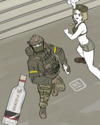  1boy 1girl absurdres armband attacking_viewer balaclava bandeau blonde_hair body_armor boots brown_boots brown_eyes brown_gloves brown_helmet brown_pants camouflage camouflage_pants cargo_pants commentary english_commentary fang from_above gloves green_bandeau green_hat grey_shorts groin hat helmet highres load-bearing_vest looking_at_viewer marichka mazepynka no_jacket original pants puto_trash russo-ukrainian_war short_shorts shorts skin_fang soldier throwing tongue tongue_out ukrainian_ground_forces v-shaped_eyebrows yellow_armband 