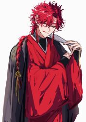  1boy :q alternate_costume bishounen black_haori black_shirt braid braided_ponytail closed_mouth earrings folded_fan folding_fan hair_between_eyes hair_ribbon hand_fan haori haori_on_shoulders highres holding holding_fan implied_yaoi japanese_clothes jewelry kimono licking_lips long_hair long_sleeves looking_at_viewer male_focus red_eyes red_hair red_kimono ribbon robe shiguang_dailiren shirt simple_background single_braid sleeves_past_wrists smile solo tassel tassel_earrings tongue tongue_out turtleneck tyoookozuki undershirt upper_body white_background wide_sleeves xiao_weiying yellow_ribbon 