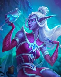  1girl blue_sclera colored_sclera colored_skin cup drinking_glass elf grey_hair gwennet highres holding holding_cup long_hair looking_at_viewer nightborne_(warcraft) pointy_ears purple_skin solo warcraft white_eyes wine_glass world_of_warcraft 