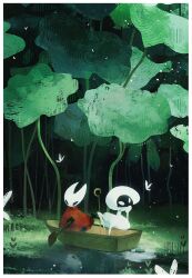  2girls arthropod_girl black_eyes black_skin blank_eyes boat bodysuit bug butterfly cloak colored_skin full_body hat highres hollow_eyes hollow_knight hollow_knight:_silksong horned_mask hornet_(hollow_knight) lace_(hollow_knight) looking_at_animal mask multiple_girls oar on_boat pin_(hollow_knight) puffy_sleeves red_cloak reflection reflective_liquid salamitown sitting watercraft weapon white_bodysuit white_eyes white_hat white_mask 