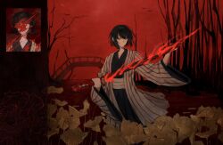  1girl bird black_hair black_kimono bridge flower haori highres holding holding_weapon japanese_clothes katana kimono limbus_company llllao216913 project_moon red_background red_eyes river ryoshu_(project_moon) short_hair solo striped_haori sword tree weapon wilted_flower 