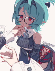  2girls aqua_hair artist_name bags_under_eyes bare_shoulders blood blood_from_mouth blood_on_face blood_on_hand claret_flint commentary detached_sleeves english_text glasses hair_ornament hairband hairclip hand_on_another's_chin hand_on_another's_face highres long_sleeves miri_(cherryjelly) multiple_girls nail_polish outstretched_arms pale_skin pointy_ears red_eyes red_nails roxy_ifrita_pryce scar shaded_face sharp_teeth short_hair solo_focus teeth tombstone white_background zenless_zone_zero 