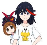  2girls black_hair blue_eyes brown_eyes brown_hair dokonjou_gaeru female kill_la_kill living_clothes mako_(macomaco7) mankanshoku_mako matoi_ryuuko multicolored_hair multiple_girls pyonkichi senketsu shirt short_hair streaked_hair t-shirt white_background 