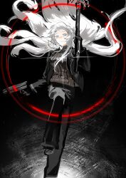  1girl absurdres angelica_(project_moon) arknights black_gloves black_pants blue_eyes closed_mouth dilang587 full_body gloves gun highres holding holding_gun holding_weapon jewelry lemuen_(arknights) lemuen_(elite_ii)_(arknights) library_of_ruina looking_at_viewer necklace pants pose_imitation project_moon smile solo sparkle weapon white_hair 