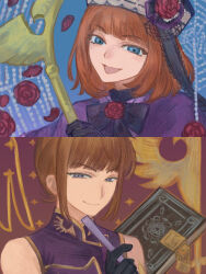  2girls :d belt black_bow black_gloves black_hat blue_background blue_eyes book bow capelet chinese_clothes chinese_commentary commentary_request commission dress dual_persona emblem eva_beatrice flower four-pointed_star gloves half-closed_eyes hand_fan hat hat_flower highres holding holding_fan holding_staff huale lock looking_at_viewer multiple_girls orange_hair patterned_background petals portrait purple_capelet qipao red_background red_flower red_rose rose sidelocks silk smile smirk spider_web staff star_(symbol) umineko_no_naku_koro_ni ushiromiya_eva violet_eyes 