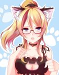  1girl animal_ears ayase_eli bell bell_choker bespectacled blonde_hair blue_eyes blush breasts cat_cutout cat_ears cat_lingerie choker cleavage cleavage_cutout glasses looking_at_viewer love_live!_school_idol_project ponytail red-framed_glasses semi-rimless_glasses shiguru short_hair solo under-rim_glasses 