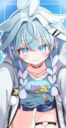  1girl absurdres ahoge bent_over black_choker blue_background blue_bow blue_eyes blue_hair blue_shirt blue_shorts blunt_bangs bow braid choker closed_mouth commentary cowboy_shot double-parted_bangs ear_piercing hair_bow hair_flaps hair_intakes hair_ornament hairclip halftone halftone_background heart heart_o-ring highres hololive hololive_dev_is inset_border jacket light_blush lightning_ahoge long_hair long_sleeves looking_at_viewer low_twin_braids mizumiya_su mizumiya_su_(1st_costume) multicolored_hair o-ring o-ring_choker o-ring_thigh_strap open_clothes open_jacket outline outside_border parallel_hairclips piercing pink_streaks pom_pom_(clothes) print_shirt reaching reaching_towards_viewer shirt short_shorts shorts skindentation smile solo somachi_v split_mouth streaked_hair thigh_strap torn_clothes torn_shorts twin_braids two-tone_hair virtual_youtuber white_jacket white_outline x_hair_ornament 