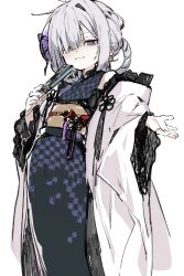  1girl butterfly_hair_ornament closed_mouth commentary cowboy_shot enomoto_nao folded_fan folding_fan grey_hair hair_ornament hand_fan holding holding_fan japanese_clothes kimono long_sleeves looking_at_viewer medium_hair obi original sash simple_background smile solo standing violet_eyes white_background 
