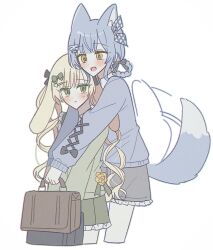  2girls :d animal_ears bag blonde_hair blue_cardigan blue_hair bow braid braided_hair_rings cardigan closed_mouth collared_shirt commentary_request cropped_legs cross-laced_clothes cross-laced_sleeves dog_ears dog_tail eh_1315 fang frilled_shorts frilled_skirt frills green_cardigan green_eyes green_skirt grey_shorts hair_bow hair_rings highres holding holding_bag hug kemonomimi_mode korean_commentary long_hair long_sleeves mahou_shoujo_no_majo_saiban multiple_girls open_mouth rabbit_ears shirt short_hair shorts simple_background skirt smile tachibana_sherry tail tono_hanna twintails white_background yellow_eyes yuri 