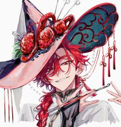  1boy alternate_costume beads black_bridal_gauntlets braid braided_ponytail bridal_gauntlets earrings flower grin hair_between_eyes hair_ornament hair_over_shoulder half-closed_eyes hands_up hat hat_flower hat_ornament holding holding_smoking_pipe jewelry kiseru long_hair long_sleeves looking_at_viewer low_ponytail male_focus parted_lips ponytail portrait red_eyes red_flower red_hair red_hat shiguang_dailiren shirt simple_background single_braid single_earring smile smoking_pipe solo tassel tassel_earrings tassel_hair_ornament teeth turtleneck tyoookozuki upper_body white_background white_shirt witch_hat xiao_weiying 