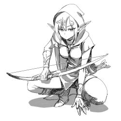  1girl belt boots bow_(weapon) braces breasts capelet commentary dot_nose elf fantasy full_body greyscale hair_tie hand_on_ground highres holding holding_bow_(weapon) holding_weapon hood hood_up hooded_capelet jun_(navigavi) knee_boots long_pointy_ears looking_at_viewer monochrome original pointy_ears shadow shirt short_hair short_sleeves shorts sidelocks simple_background sketch small_breasts solo squatting weapon white_background 