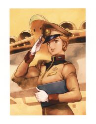  1980s_(style) 1girl aircraft artist_name border brown_eyes brown_hat brown_jacket earth_federation gloves gundam hand_up hat highres holding holding_notepad jacket kotobuki_tsukasa looking_at_viewer matilda_ajan medea_(gundam) military_hat military_uniform military_vehicle mobile_suit_gundam notepad official_art orange_hair painting_(medium) parted_lips peaked_cap retro_artstyle salute scan short_hair smile solo third-party_source traditional_media upper_body white_border white_gloves yasuhiko_yoshikazu_(style) 