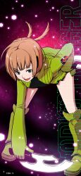  1girl absurdres artist_request axe bent_over blue_eyes bob_cut boots breasts copyright_name copyright_notice dual_wielding energy_axe feather_hair full_body gloves green_boots green_gloves green_jacket green_shorts highres holding holding_axe jacket knee_boots konami_kirie long_sleeves looking_at_viewer official_alternate_costume official_alternate_hairstyle official_art official_wallpaper open_mouth orange_hair second-party_source short_hair shorts small_breasts smile solo world_trigger 