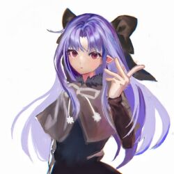  1girl arc52088 black_bow black_capelet black_dress blue_hair bow breasts capelet commentary dress fur-trimmed_capelet fur_trim hair_bow len_(tsukihime) long_hair long_sleeves looking_at_viewer pointy_ears pom_pom_(clothes) red_eyes ribbon smile solo tsukihime 