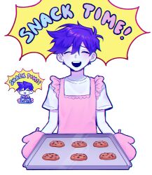  1boy alternate_costume antenna_hair apron baking_sheet blush chocolate_chip_cookie chromatic_aberration closed_eyes commentary cookie double-parted_bangs english_commentary english_text food hair_between_eyes hero_(headspace)_(omori) hero_(omori) highres holding holding_tray male_focus n3m_ww omori open_mouth oven_mitts pink_apron purple_hair reference_inset shirt short_hair short_sleeves smile solo speech_bubble t-shirt teeth tray upper_teeth_only white_shirt 