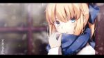  1girl aqua_eyes blonde_hair fate/stay_night fate_(series) magicians_(zhkahogigzkh) saber scarf snow solo winter_clothes 