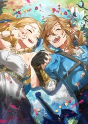  1boy 1girl ^_^ blonde_hair blue_tunic blush champion's_tunic_(zelda) closed_eyes commentary_request dress earrings flower grass hair_between_eyes happy happy_tears holding_hands interlocked_fingers jewelry laughing link long_hair low_ponytail lying master_sword medium_hair necklace on_back open_mouth outdoors petals pointy_ears ponytail princess_zelda puddle rain sidelocks silent_princess sword tears teeth the_legend_of_zelda the_legend_of_zelda:_breath_of_the_wild triforce tunic upper_teeth_only water water_drop weapon wet wet_clothes white_dress yinghuo 