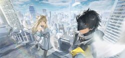  1boy 4girls absurdres animal_ears arknights arknights:_endfield bare_shoulders bird bird_ears bird_girl black_gloves black_hair black_mask black_pantyhose blindfold_mask blue_eyes building chen_qianyu_(arknights) chinese_commentary city closed_mouth clouds commentary_request dress endministrator_(arknights) gloves grey_hair highres jacket last_rite_(arknights) lnnnn-n long_hair male_endministrator_(arknights) mask multiple_girls off_shoulder outdoors pantyhose perlica_(arknights) short_hair sky skyscraper tangtang_(arknights) white_bird white_dress white_jacket wide_shot 