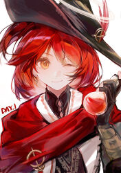  1girl arknights black_gloves black_hat cape closed_mouth exusiai_(arknights) exusiai_the_new_covenant_(arknights) exusiai_the_new_covenant_(the_legend_seeker)_(arknights) fingerless_gloves gloves hair_between_eyes halo hand_up hat highres looking_at_viewer mi_yao_hongcha official_alternate_costume one_eye_closed potion red_cape red_hair short_hair simple_background smile solo upper_body white_background yellow_eyes 