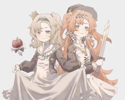  2girls absurdres alternate_costume apple apple_(reverse:1999) black_bow black_bowtie blue_eyes blue_hairband bow bowtie checkered_hairband chinese_commentary closed_mouth commentary_request crown dress food fruit green_eyes grey_hair grey_hat grey_jacket hairband hat high_collar highres holding holding_own_dress holding_sword holding_weapon jacket long_hair matilda_bouanich medium_hair mini_crown multiple_girls one_side_up orange_hair reverse:1999 smile sonetto_(reverse:1999) sword tilted_headwear traditional_bowtie two_side_up weapon white_background white_dress wudi_xiao_shibing 