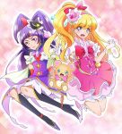  2girls :d asahina_mirai bear black_boots black_hat blonde_hair blue_eyes boots bow creature cure_magical cure_miracle earrings full_body gem gloves hair_bow half_updo hat izayoi_liko jewelry knee_boots long_hair looking_at_viewer magical_girl mahou_girls_precure! mikanmochi mini_hat mini_witch_hat mofurun_(mahou_girls_precure!) multiple_girls open_mouth pink_background pink_bow pink_hat pink_skirt ponytail precure puffy_sleeves purple_hair purple_skirt red_bow skirt smile violet_eyes white_gloves witch_hat 
