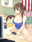  1girl absurdres breasts brown_eyes brown_hair cleavage coca-cola controller food_in_mouth game_console game_controller highres kaga_(kantai_collection) kantai_collection large_breasts playstation_4 potato_chips side_ponytail television wangphing 