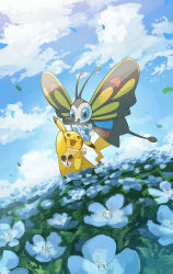  animal_focus antennae bandana bandana_around_neck beautifly blue_eyes blue_sky bug butterfly butterfly_wings clouds field flower highres insect_wings no_humans outdoors pikachu pokemon pokemon_(creature) pokemon_focus sky white_bandana wings yamaori_(hakkentai_pokedan) 