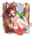  1girl akatsuki_no_guuru animal_ears animalization blush brooch brown_hair dress fish highres imaizumi_kagerou jewelry long_hair long_sleeves open_mouth red_eyes revision smile solo tail touhou wakasagihime wakasagihime_(fish) wolf_ears wolf_tail 