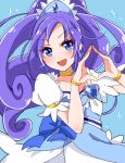  1girl :d blue blue_background blue_bow blue_eyes blue_hair bow bracelet choker cure_diamond diamond_hands dokidoki!_precure earrings hishikawa_rikka jewelry long_hair looking_at_viewer magical_girl open_mouth precure purin_(purin0) skirt smile solo 