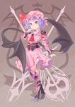  1girl armor armored_boots armored_dress ascot bat_wings boots brown_background corset dress full_body gauntlets gradient gradient_background hat hat_ribbon highres lavender_hair looking_at_viewer mizuke_no_nai_tofu mob_cap nail_polish pink_dress puffy_sleeves red_eyes remilia_scarlet ribbon short_hair short_sleeves smile solo spear_the_gungnir touhou wings 