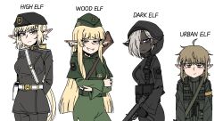  4girls ahoge blonde_hair blush dark-skinned_female dark_elf dark_skin earrings elf gun highres holding holding_weapon jacket jewelry karepack long_hair long_pointy_ears long_sleeves military_uniform multiple_girls original pointy_ears short_bangs simple_background smile soldier weapon white_background white_hair 