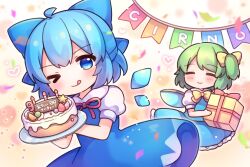  >_o 2girls :q ;q =_= ahoge birthday_cake blue_bow blue_dress blue_eyes blue_hair blue_sky blue_vest bow bowtie box cake candle cirno cirno_day closed_mouth coa_(chroo_x) collared_shirt commentary_request confetti daiyousei dress food gift gift_box green_hair hair_bow holding holding_gift looking_at_viewer multiple_girls neck_ribbon one_eye_closed one_side_up plate puffy_short_sleeves puffy_sleeves red_ribbon ribbon shirt short_hair short_sleeves sky smile string_of_flags tongue tongue_out touhou vest white_shirt yellow_bow yellow_bowtie 