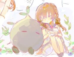  1girl 1other aged_down bare_legs bare_shoulders blush braid branch brown_hair child chinese_commentary closed_eyes commentary_request crown_braid deathpolca demon demons_roots demons_roots_(series) dress gem hands_on_own_knees leaf okamo_(oakm071) onion plant princess red_gem sitting sketch sleeping twin_braids white_background white_dress 