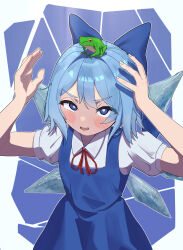  1girl absurdres animal_on_head blue_background blue_bow blue_dress blue_eyes blue_hair blush border bow bright_pupils cirno cirno_day collared_shirt commentary_request cowboy_shot donai_shiten double-parted_bangs dress frog hair_between_eyes hair_bow hands_up highres ice ice_wings neck_ribbon on_head open_mouth outline outside_border pinafore_dress red_ribbon ribbon shirt short_hair short_sleeves sleeveless sleeveless_dress smile solo thick_eyebrows touhou v-shaped_eyebrows white_border white_outline white_pupils white_shirt wings 