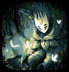  1other black_eyes black_skin bug butterfly cloak colored_skin corpse extra_eyes from_behind full_body glowing_butterfly grey_cloak highres hollow_eyes hollow_knight horned_mask isma_(hollow_knight) knight_(hollow_knight) looking_up mask overgrown salamitown tree white_mask 