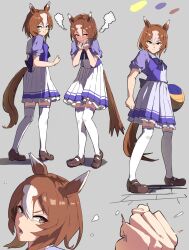  absurdres animal_ears ball blush brown_eyes brown_hair brown_shoes clenched_hand commentary_request embarrassed full-face_blush highres horse_ears horse_girl horse_tail multiple_views no_842 pleated_skirt school_uniform serious shoes short_sleeves skirt steam tail thigh-highs tracen_school_uniform umamusume volleyball_(object) white_thighhighs yaeno_muteki_(umamusume) 