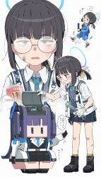  1girl artist_name black_hair blue_archive blue_halo blue_jacket blue_necktie blue_shoes blue_shorts blue_skirt blue_sweater_vest brown_eyes can chibi chibi_inset commentary_request dated dirty dirty_face dress_shirt drink_can energy_drink glasses gloves gomennasai gym_uniform halo highres holding holding_can holding_tool jacket millennium_science_school_student_a_(blue_archive) miniskirt multiple_views necktie pleated_skirt ponytail robot round_eyewear shirt shoes shorts simple_background skirt speech_bubble sweater_vest translation_request white_background white_gloves white_jacket white_shirt wrench yuuka_(blue_archive) 
