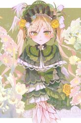  1girl black_bow black_bowtie black_capelet black_flower black_rose blonde_hair bonnet border bow bow_flower bowtie capelet chinstrap commentary_request dress feathers flower flower-trimmed_dress flower-trimmed_skirt frilled_capelet frilled_dress frilled_skirt frilled_sleeves frills furrowed_brow green_background green_bonnet green_eyes hair_flower hair_ornament hand_fan highres holding holding_fan layered_dress letterboxed lolita_fashion long_hair long_sleeves looking_at_viewer mahou_shoujo_no_majo_saiban mirage_(rairudiseu) pursed_lips rose skirt solo straight-on tono_hanna tulip twintails two-tone_dress white_border white_flower white_rose white_tulip wide_sleeves winged_hat wings yellow_flower yellow_rose 