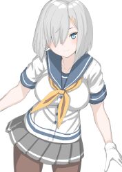  1girl 30-06 arm_at_side black_pantyhose blue_eyes blue_sailor_collar breasts commentary_request cowboy_shot gloves grey_hair grey_skirt hair_ornament hairclip hamakaze_(kancolle) highres kantai_collection looking_at_viewer neckerchief pantyhose pleated_skirt sailor_collar sailor_shirt school_uniform serafuku shirt short_hair simple_background skirt solo standing white_background white_gloves white_shirt yellow_neckerchief 