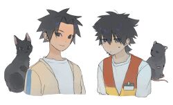  2boys absurdres animalization black_hair cat chirp_co2 false_memory guan_chao_(false_memory) he_mingshuo high-visibility_clothing high-visibility_vest highres id_card looking_at_viewer male_focus mouse_(animal) multiple_boys person_and_animalization shirt short_sleeves simple_background spiky_hair sweatdrop white_background white_shirt 
