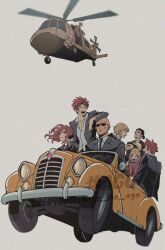  3girls 5boys aircraft bald before_crisis:_final_fantasy_vii black_gloves black_hair black_jacket black_necktie blonde_hair brown_hair car cissnei earrings elena_(ff7) english_commentary final_fantasy final_fantasy_vii final_fantasy_vii:_ever_crisis full_body gloves goggles goggles_on_head grey_background gun_(female) helicopter jacket jewelry medium_hair motor_vehicle multiple_boys multiple_girls necktie open_clothes open_jacket open_mouth ponytail red_hair reno_(ff7) rod_(male) rude_(ff7) sharp_na_ago shirt short_hair suit_jacket sunglasses tseng turks_(ff7) twintails twitter_username verdot_(ff7) white_shirt 
