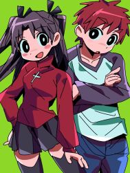  1boy 1girl :d :o black_eyes black_hair black_skirt black_thighhighs blue_pants blue_sleeves blush blush_stickers commentary_request cowboy_shot crossed_arms curtained_hair emiya_shirou fate/stay_night fate_(series) green_background hair_ribbon hand_on_own_hip highres long_hair miniskirt moyosan open_mouth orange_hair pants pleated_skirt raglan_sleeves red_sweater ribbon shirt side-by-side skirt smile standing sweater thigh-highs tohsaka_rin turtleneck turtleneck_sweater two_side_up white_shirt zettai_ryouiki 