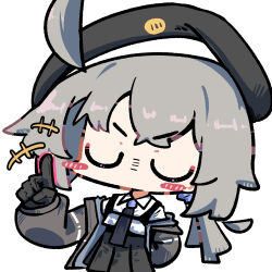  1girl absurdres ahoge beret black_gloves black_hat black_necktie black_skirt blush_stickers brown_jacket cheyanne_(girls'_frontline_2) chibi chibi_only closed_eyes collared_shirt commentary girls'_frontline_2:_exilium girls_frontline gloves grey_hair hat hexaa highres jacket long_hair long_sleeves low_ponytail m200_(girls'_frontline) necktie no_mouth open_clothes open_jacket pleated_skirt ponytail shirt skirt solo untranslatable_commentary upper_body white_shirt 
