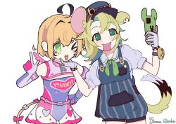  12m12g26 2girls absurdres ahoge ashton_marten_(vtuber) belt blonde_hair blue_overalls blush bow bowtie cellphone chinchilla_ears chinchilla_girl chinchilla_tail closed_eyes commentary detached_sleeves dooby dress english_commentary gloves goggles green_eyes green_neckerchief hat highres holding holding_phone indie_virtual_youtuber jerboa_tail multicolored_hair multiple_girls neckerchief open_mouth overalls peaked_cap phone pink_belt potato selfie short_hair skirt smartphone streaked_hair tail taking_picture virtual_youtuber white_gloves 